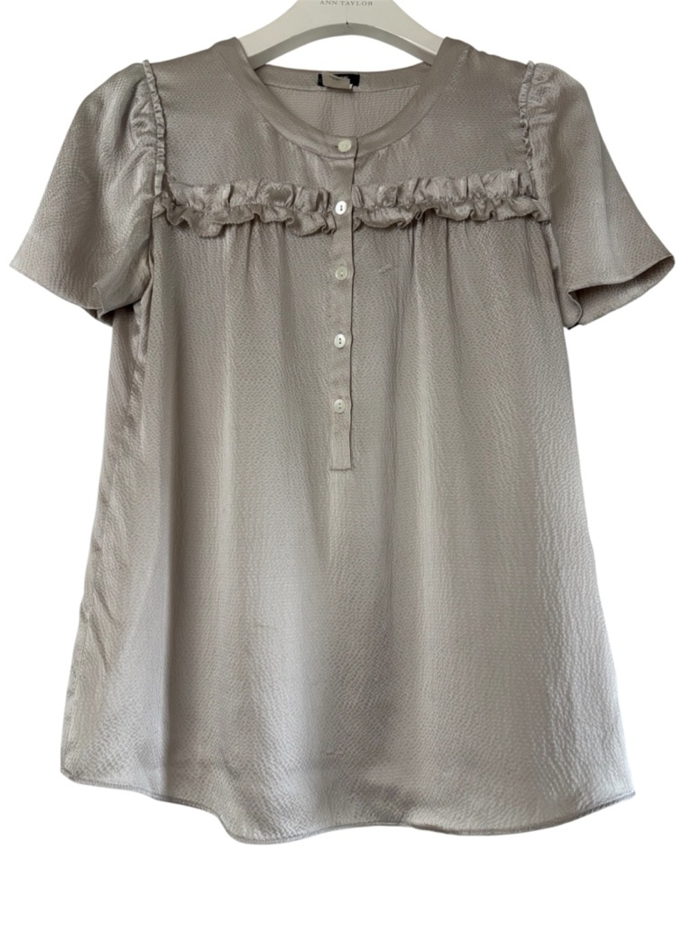 J.Crew Taupe Textured Ruffle Silk Short Sleeve Blouse - Size 2